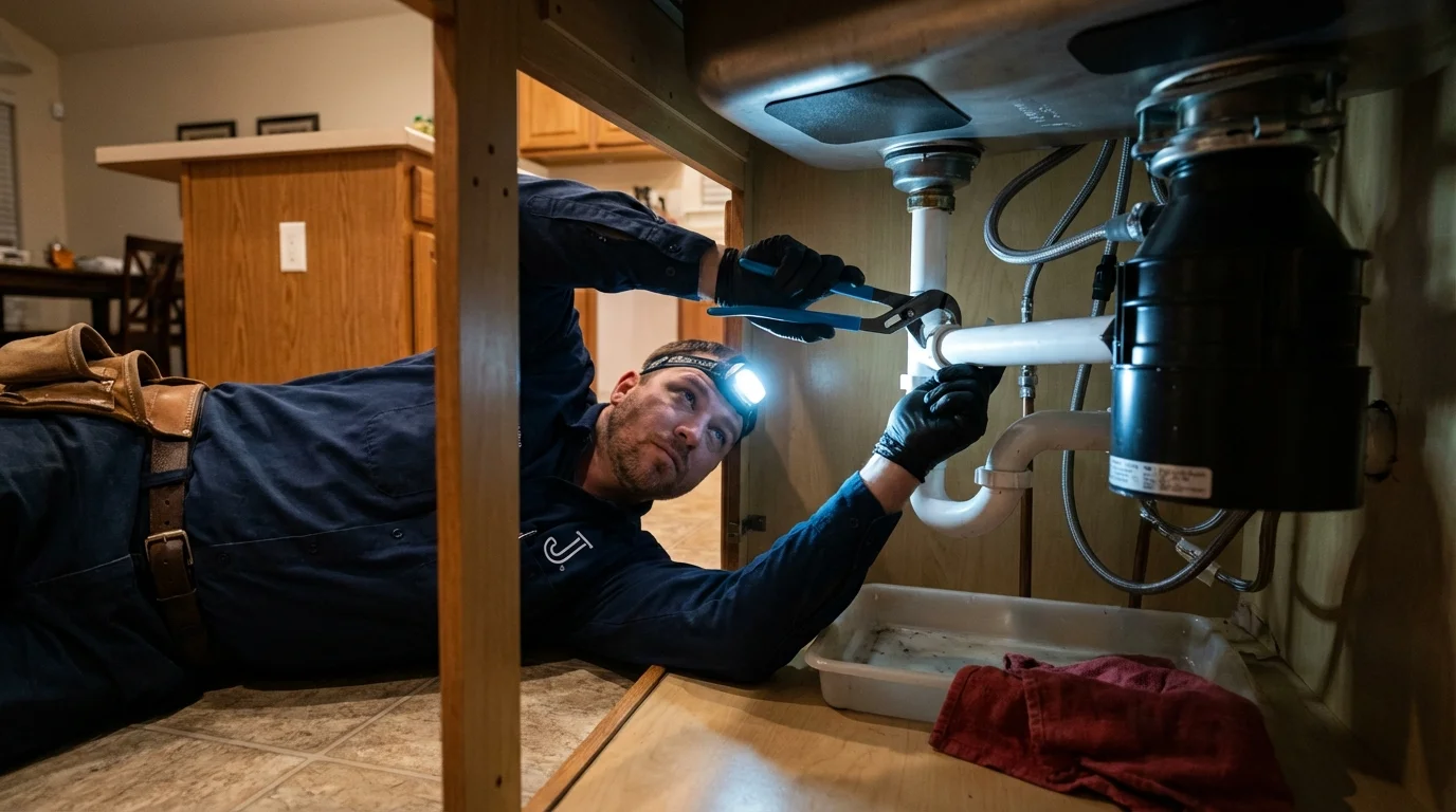P-trap and supply line connections under a kitchen sink showing a common leak point in Hanover, NH